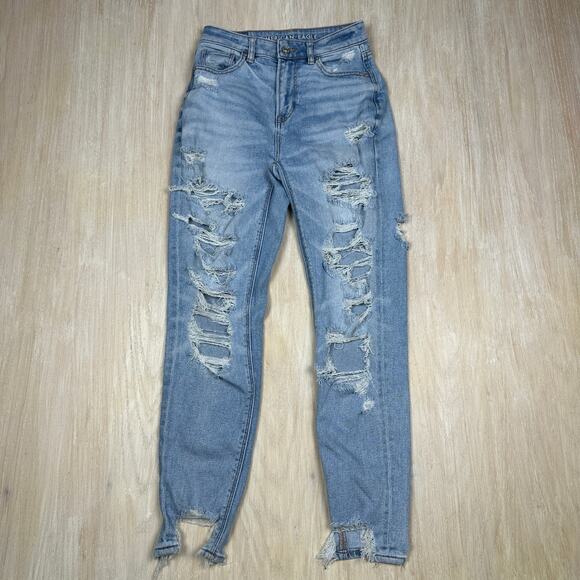 American Eagle Mom Jean Distressed Ripped Destroyed High Waisted Denim Jeans 0 - Picture 1 of 15